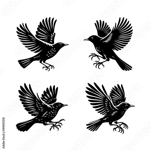 Thrush Flying Silhouette Vector Set – Graceful Songbird in Flight Poses for Nature, Woodland, and Wildlife Design Projects