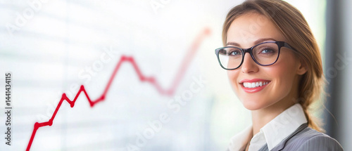 Confident businesswoman smiling in front of a growing graph, representing success and achievement in the corporate world.