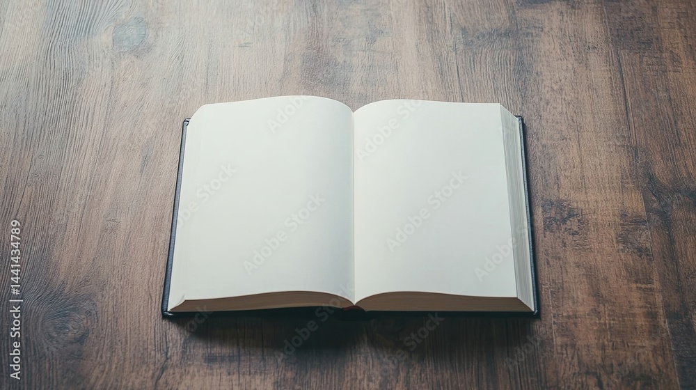 Fototapeta premium An open blank book lies on a wooden table, ready for writing or sketching.