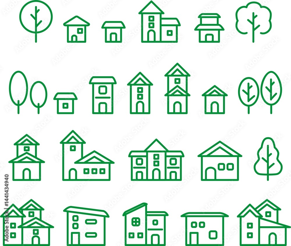 Fototapeta premium アイコン 家 街 住宅 建物 不動産 ビジネス ピクトグラム シンプル 線 イラスト素材セット