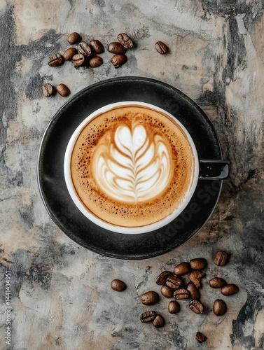 Aromatic latte art on dark plate surrounded by roasted coffee beans on textured background overhead view captures morning ritual and cozy vibe