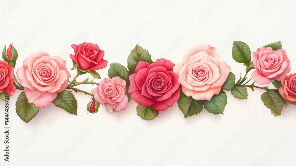 Fototapeta premium Vibrant floral illustration of pink roses on a light background.