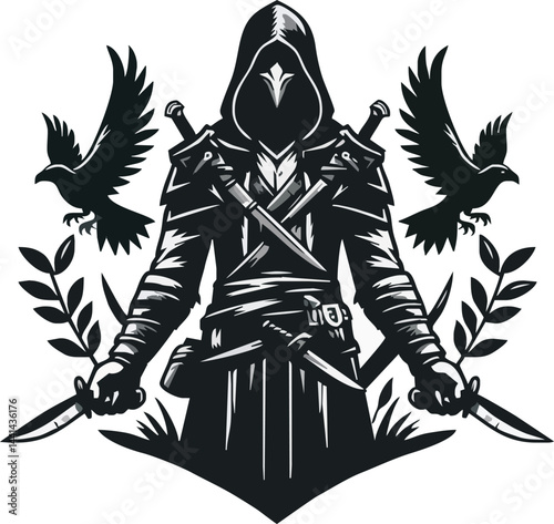 Stylized Hooded Figure With Daggers Stands Flanked By Ravens In A Symmetrical Graphic Design
