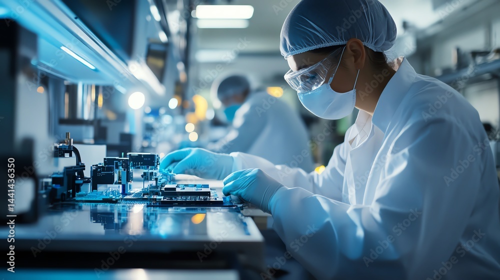 Employees are monitoring automated pick-and-place machines for microchip assembly.