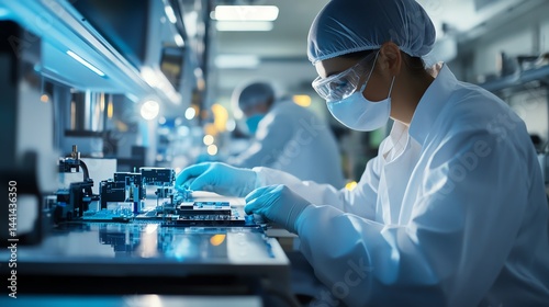 Obraz na płótnie Employees are monitoring automated pick-and-place machines for microchip assembly. w salonie