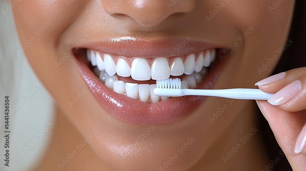 Naklejka premium Person Brushing Teeth with Toothbrush for Dental Care