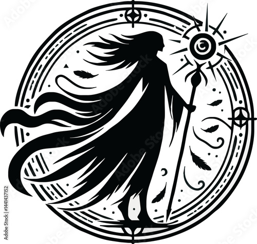 Silhouette Of A Robed Figure Standing With A Staff Surrounded By Celestial Elements In Black
