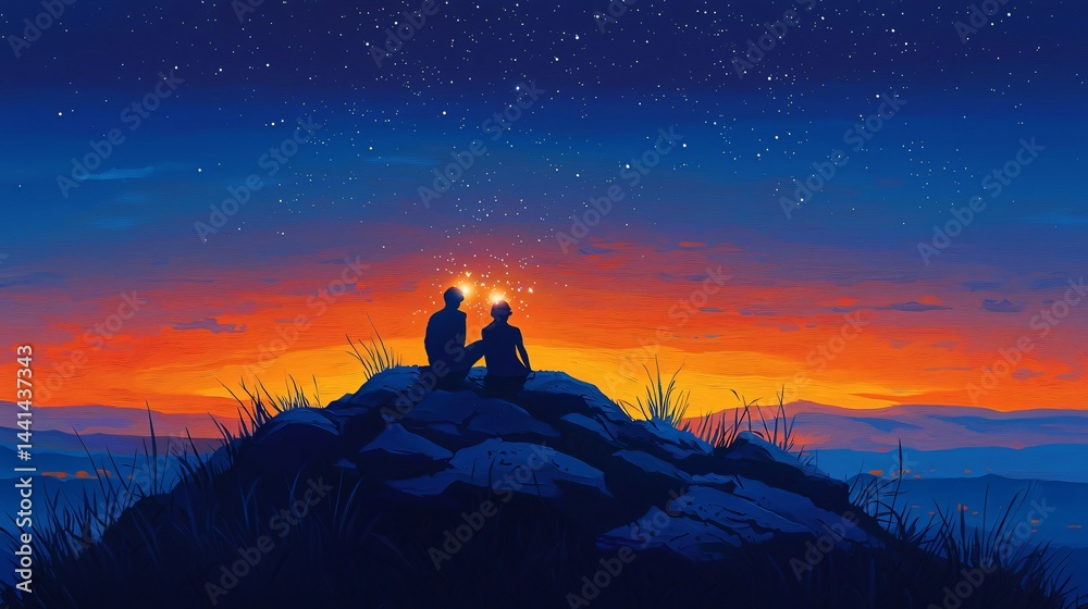 Fototapeta premium Serene individual sitting on a large rock at dusk watching the beautiful sunset over the horizon with a warm and romantic atmosphere