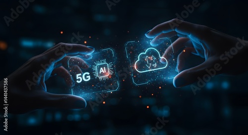 Hands holding holograms of technology icons