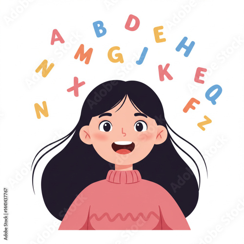 Excited Cartoon Girl with Floating Alphabet Letters – Educational Vector Illustration for Speech Therapy