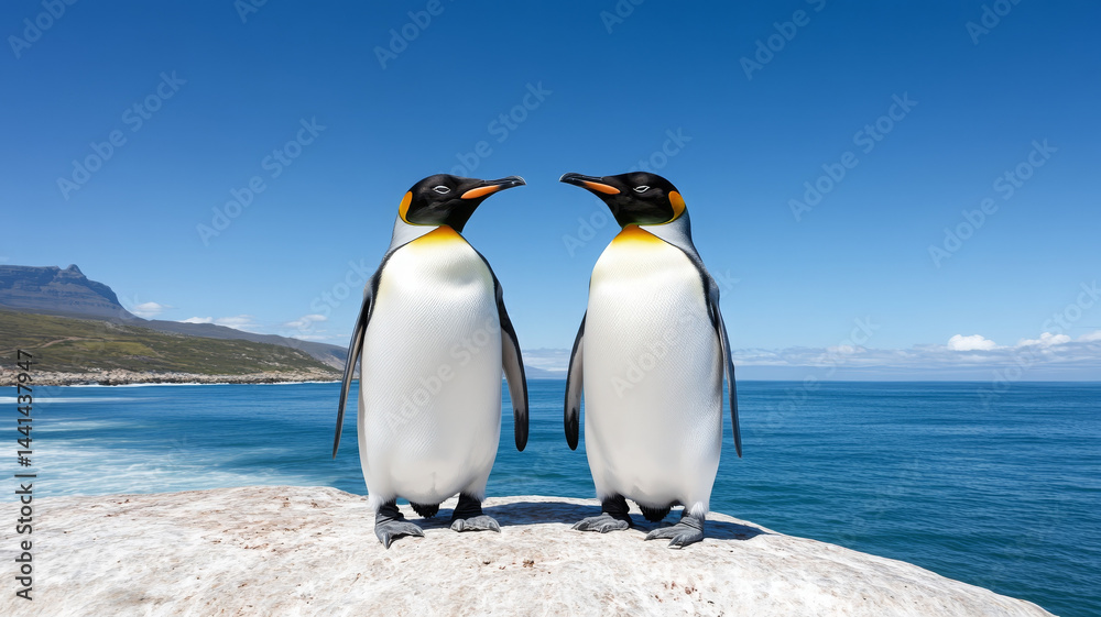 Fototapeta premium Two penguins with distinctive black and white features stand rock by ocean, showcasing their