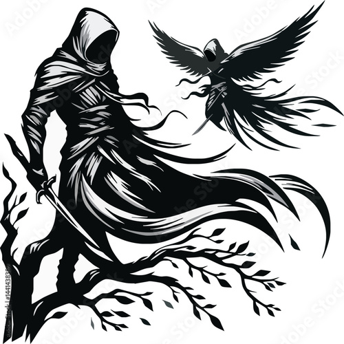A Cloaked Figure With Sword Stands Near A Tree As A Dark Winged Creature Flies Above Gothic
