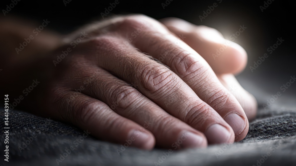 Fototapeta premium Close-up of a human hand resting on a dark surface.