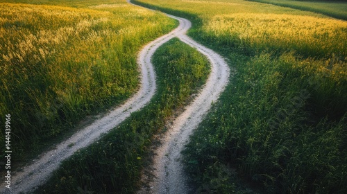 Serene rural landscape featuring a diverging gravel path through a vibrant field of tall grass bathed in warm sunlight creating a peaceful and inviting atmosphere