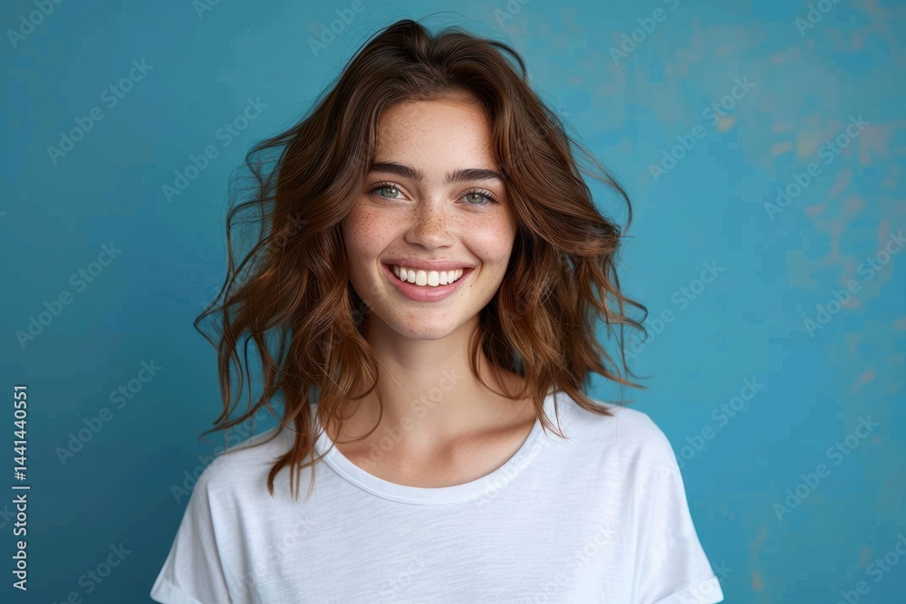 Fototapeta premium young woman with wavy brown hair wearing a white t-shirt standing against a blue textured background