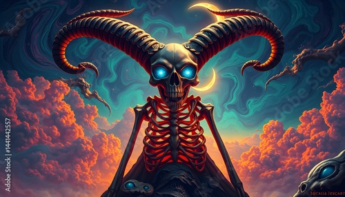 Demon Skeleton on the mountain with red clouds, moon light