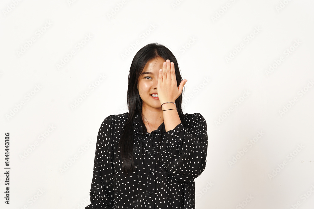 Smiling and Covering half face Of Beautiful Asian Woman Wearing black Isolated On White Background Smiling and Covering half face Of Beautiful Asian Woman Wearing black Isolated On White Background