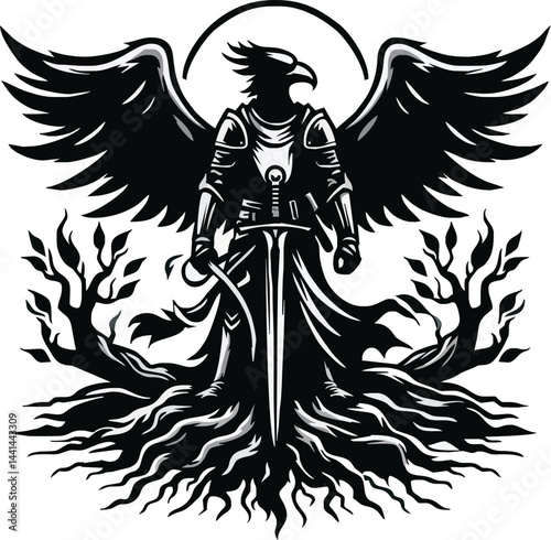 Majestic Bird Headed Warrior Stands Powerfully Cloaked And Winged Framed Against Circular Backdrop
