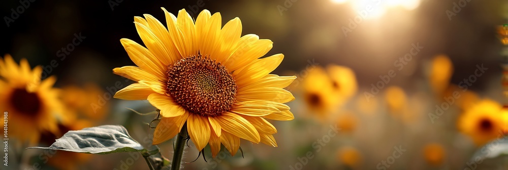 Fototapeta premium Beautiful sunflower in a field at sunrise, showcasing nature's beauty. Perfect for nature-themed prints or greeting cards