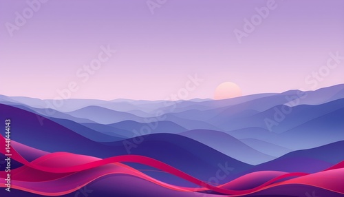 Abstract Mountain Landscape at Sunset with Pink Ribbon