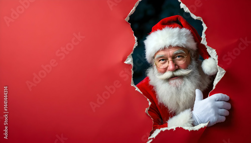 Santa Claus Peeking Through Torn Red Paper – Festive Christmas Surprise Concept Featuring Copy Space for Seasonal Marketing and Creative Holiday Designs