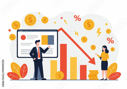Flat illustration of financial decline & market downturn, with professionals analyzing negative trends & economic challenges. emphasizes risk assessment and financial planning for loose and bankrupt