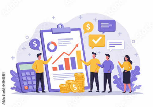 Flat illustration of financial growth and business success, with team analyzing positive trends and investment opportunities. highlights modern approach to financial management and strategic planning