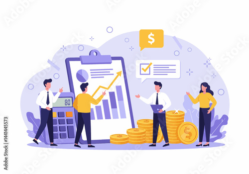 Flat illustration of financial growth and business success, with team analyzing positive trends and investment opportunities. highlights modern approach to financial management and strategic planning