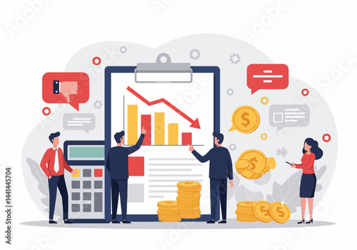 Flat illustration of a risk management for projects, showcasing a team analyzing financial data and potential losses or bankrupt. The image emphasizes a modern business approach to problem-solving