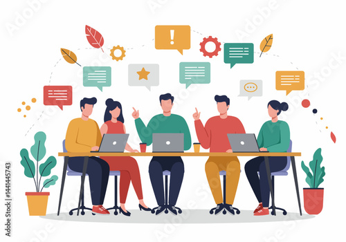 Flat illustration of a creative brainstorming session with a team of professionals around a table, discussing ideas and workflow improvements. highlights collaboration, strategic thinking in business