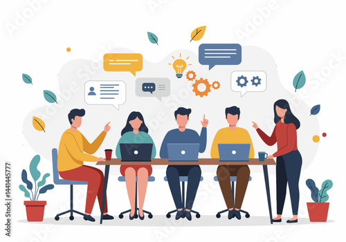 Flat illustration of a creative brainstorming session with a team of professionals around a table, discussing ideas and workflow improvements. highlights collaboration, strategic thinking in business
