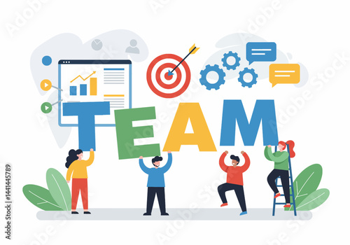 flat illustration depicting a team of diverse professionals collaborating towards a common goal, symbolized by the word 'TEAMWORK'. The image showcases a vibrant and modern style, emphasizing unity