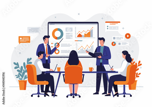 Flat illustration of a business meeting with a presenter explaining data on a whiteboard to colleagues. The scene is set in a modern office environment, highlighting teamwork, collaboration