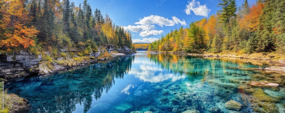 Fototapeta premium Serene autumnal lake reflecting a vibrant sky.