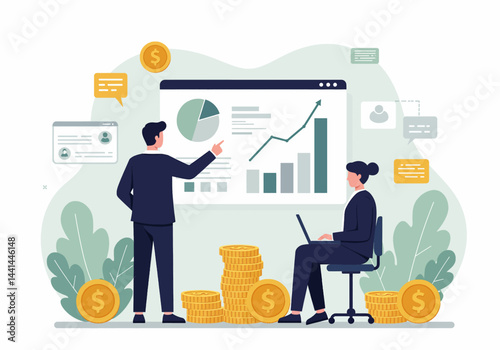 Flat vector illustration of two business professionals analyzing a chart and discussing financial growth. The scene includes coins and data points, emphasizing business strategy and economic analysis 