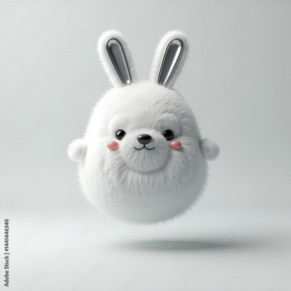 Fototapeta premium Fluffy cartoon rabbit character with cute features and bouncing effect. 3D Emoji
