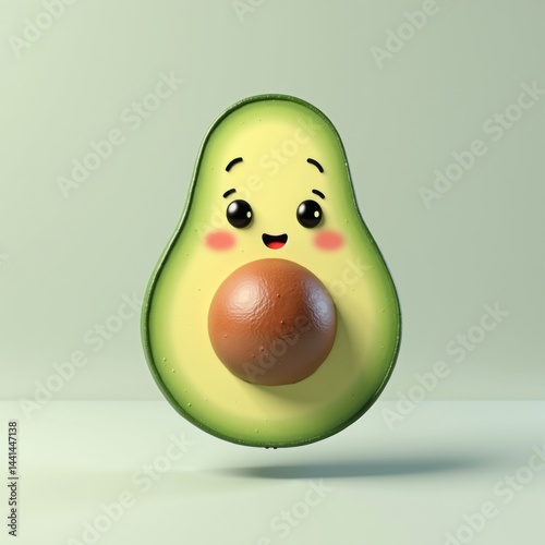 Cute cartoon avocado with a smiling face and a large seed. 3D Emoji