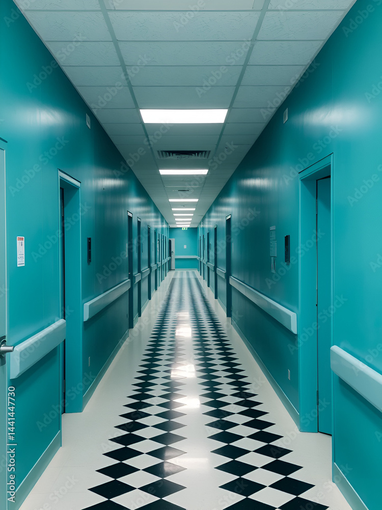 Fototapeta premium Long, empty hospital corridor with teal walls and black and white checkered floor.