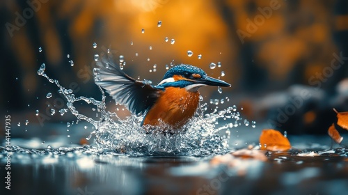 Fototapeta Naklejka Na Ścianę i Meble -  Kingfisher Diving Autumn Water Splash.