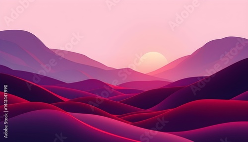 Pink Sunset Over the Rolling Purple Desert Mountains