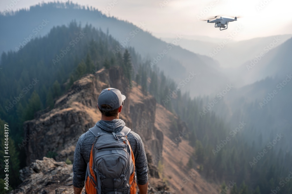 Obraz premium Man gazes at a drone flying above a mountainous landscape.