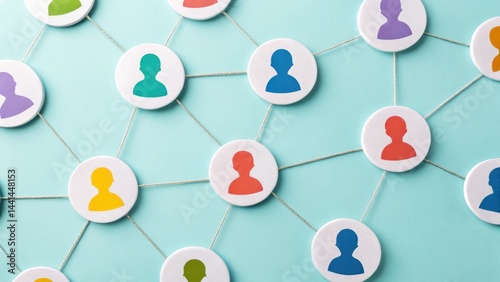 Colorful icons of people are connected by lines, representing a network or social connections on a blue background.