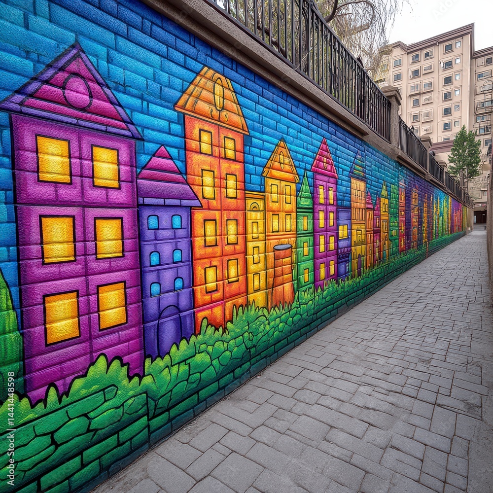Fototapeta premium Colorful House Mural on Brick Wall City Walkway