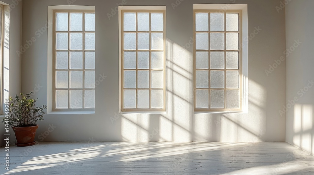 Three Windows Illuminate Empty Room with Sunlight and Shadow Casting on White Wall Three Windows Illuminate Empty Room with Sunlight and Shadow Casting on White Wall