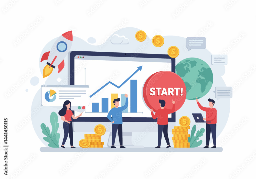 Flat vector illustration depicting a business startup and growth concept. A team collaborates around a large monitor displaying an upward trending graph, with a launching rocket symbolizing progress Flat vector illustration depicting a business startup and growth concept. A team collaborates around a large monitor displaying an upward trending graph, with a launching rocket symbolizing progress
