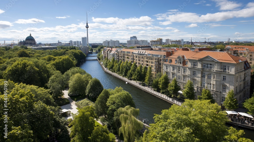 Obraz premium Berlin cityscape panorama, Spree River, park, sunny day, high angle view, suitable for travel, tourism, or city planning