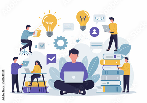 Flat vector illustration showcasing a central figure surrounded by smaller individuals engaged in various business activities and communication. Symbolic icons of ideas, data analysis, and teamwork
