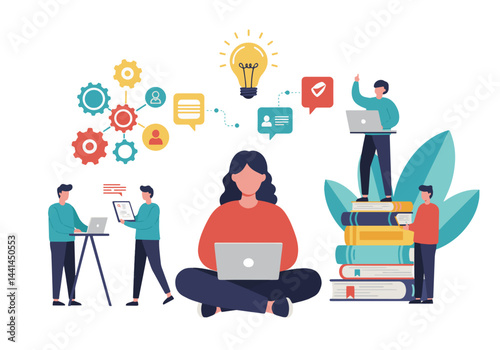 Flat vector illustration showcasing a central figure surrounded by smaller individuals engaged in various business activities and communication. Symbolic icons of ideas, data analysis, and teamwork