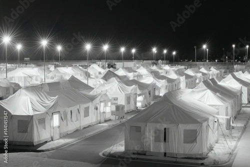 Tented Cityscape under Night Lights in Monochrome, Minimalist Shelter Architecture