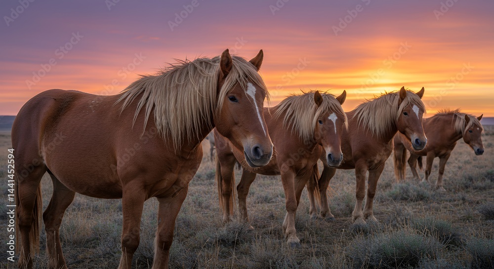Fototapeta premium Horses Standing in Field at Sunset